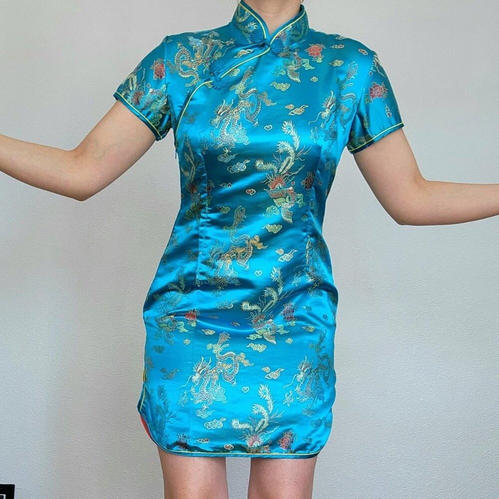 Vintage Chinese Dragon Turqouise Mini Dress
